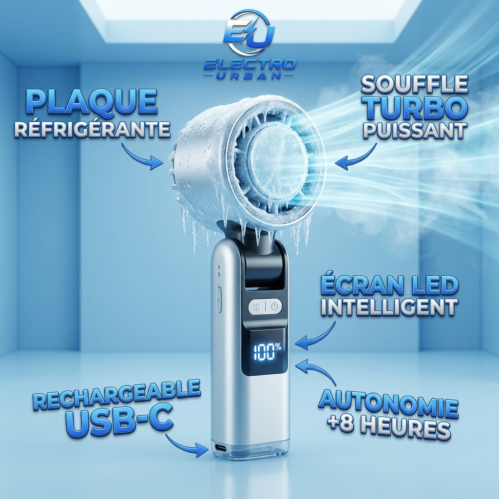 ELECTRO URBAN™ – Climatiseur Portable avec Refroidissement Glacé et lampe torche intégrée ( Coussinets anti-transpirants offerts )