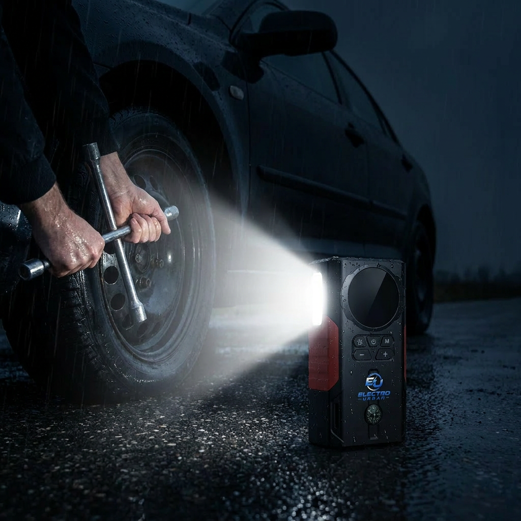 Jump Starter 6 en 1 – Démarreur de Voiture, Batterie Externe, Gonfleur de Pneus & Lampe LED SOS