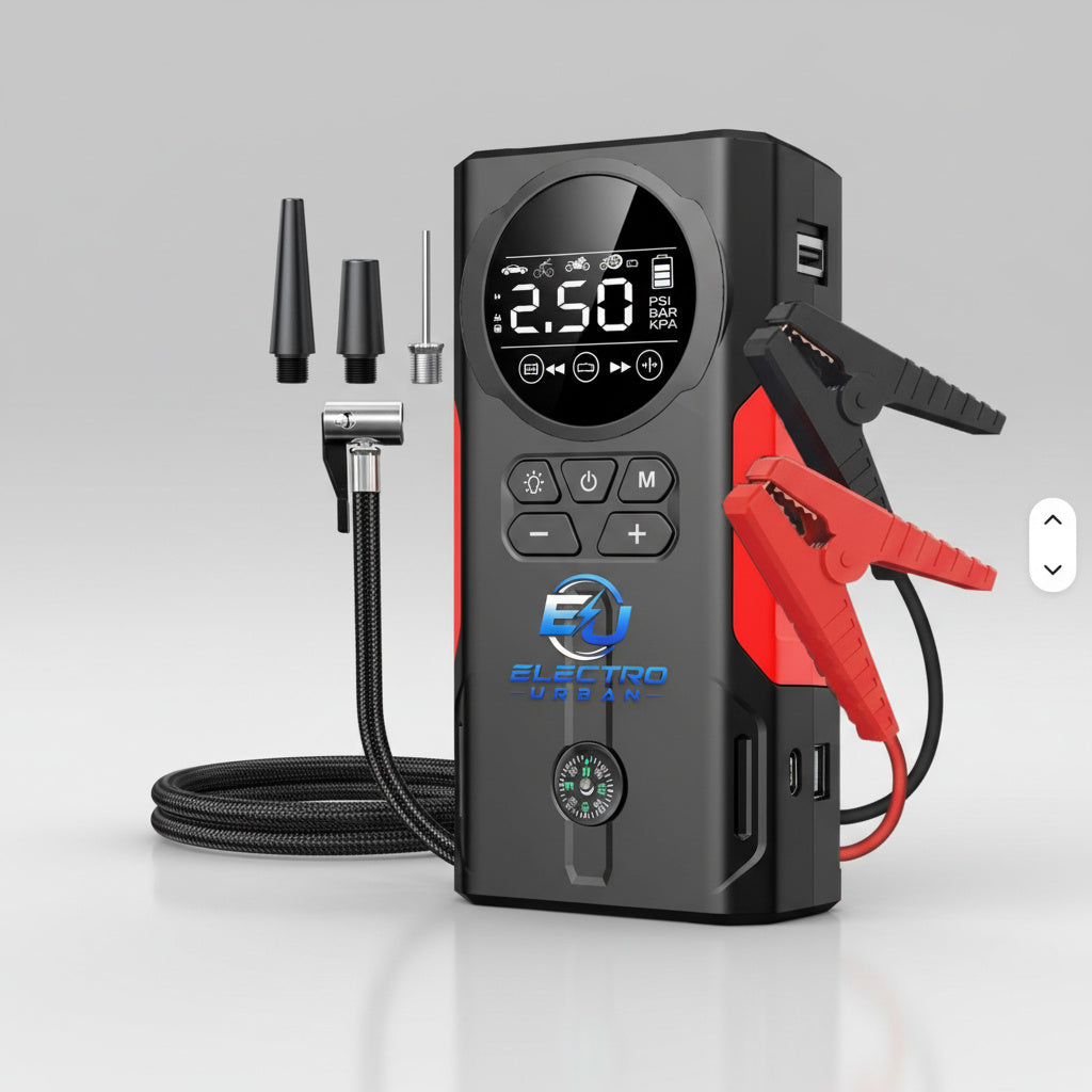 Jump Starter 6 en 1 – Démarreur de Voiture, Batterie Externe, Gonfleur de Pneus & Lampe LED SOS
