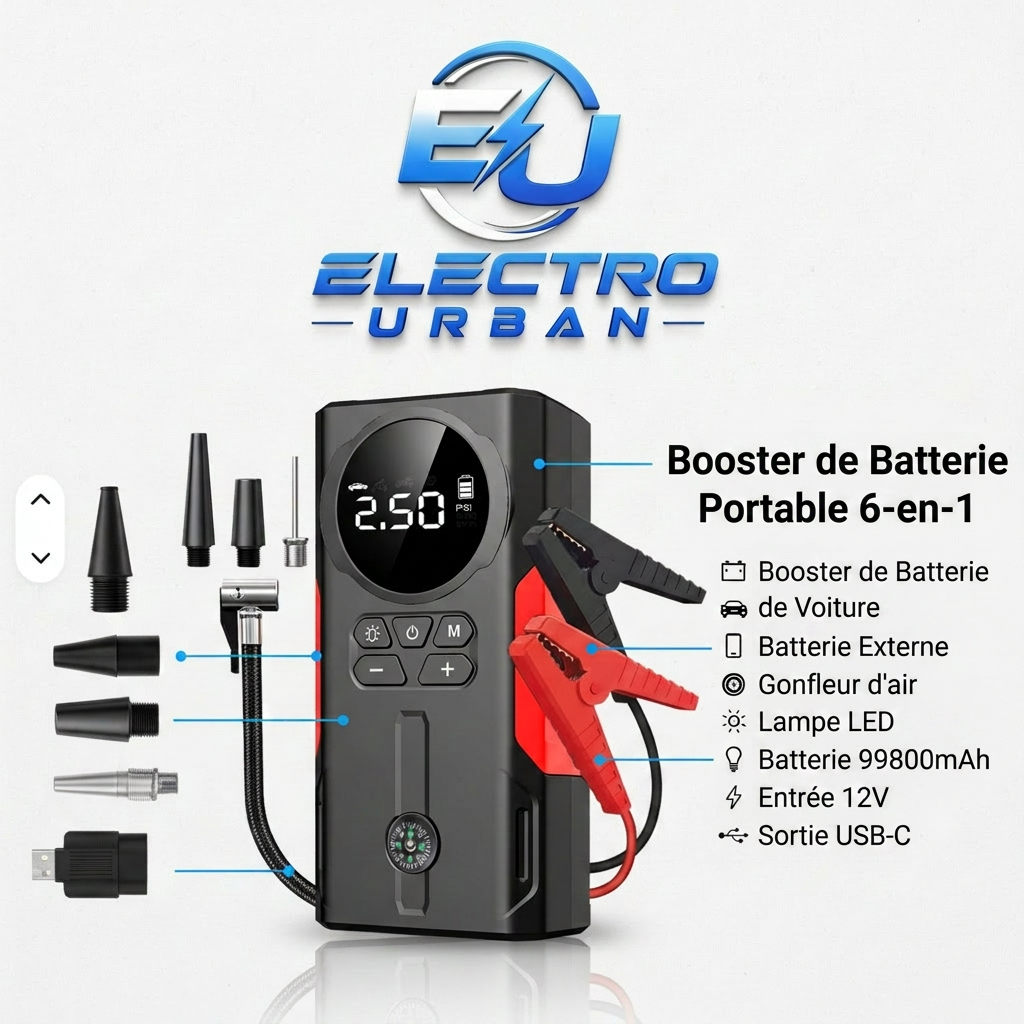 Jump Starter 6 en 1 – Démarreur de Voiture, Batterie Externe, Gonfleur de Pneus & Lampe LED SOS